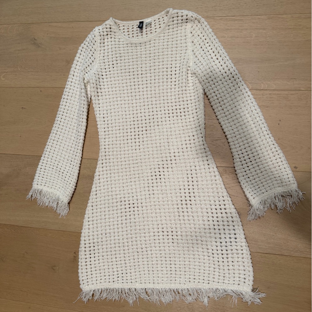 H&M Cream Crochet Swim Coverup Dress with Fringe